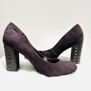 🎉Clearance🎉Libby Edelman Taupe Gray Silver Studded Block Heel Dress Shoes 6.5